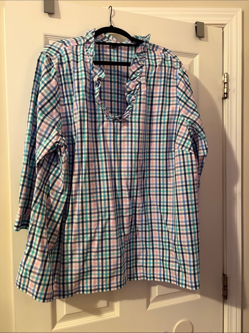 Talbots Pink, Blue & Green Plaid Ruffle V-Neck Blouse
